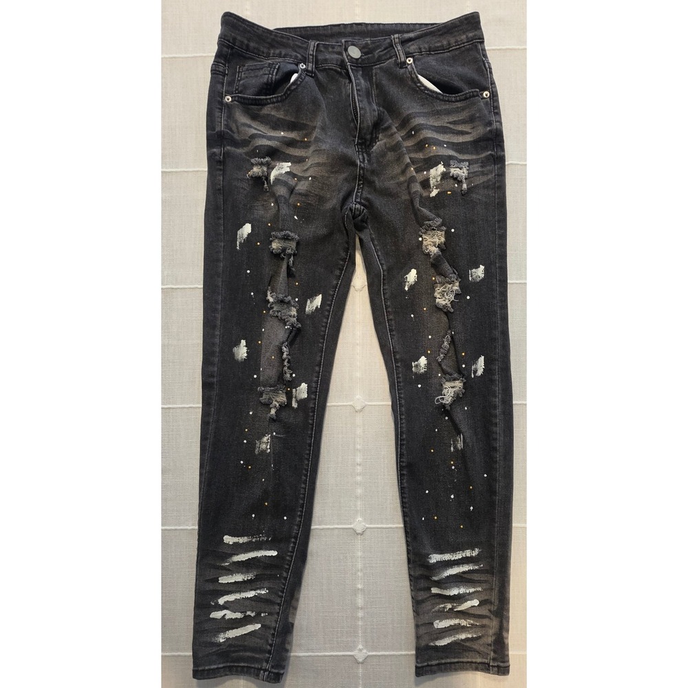 Mens Black Distressed Paint Splatter Slim Fit Jeans Ripped Streetwear Denim W30